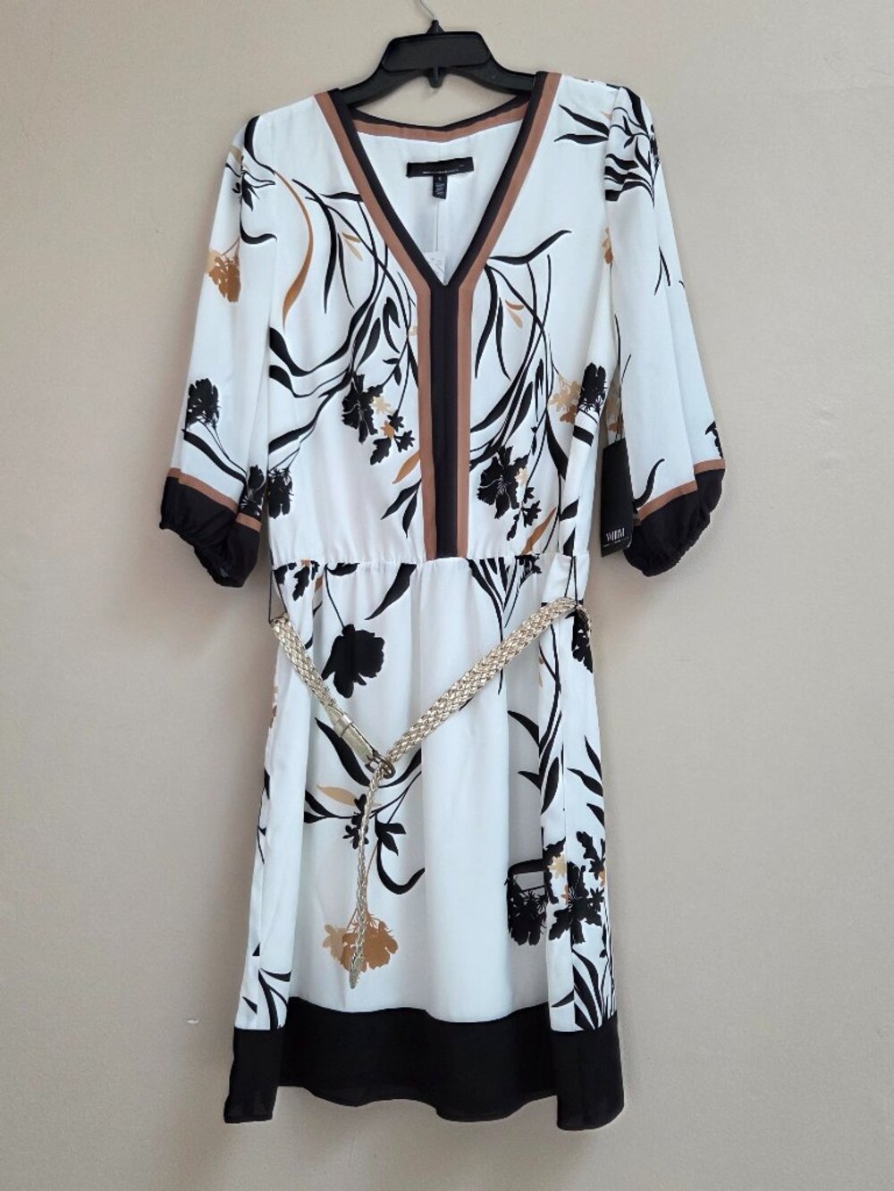 White House Black Market S Floral Smocked Blouson Dress Belted V-Neck Romantic